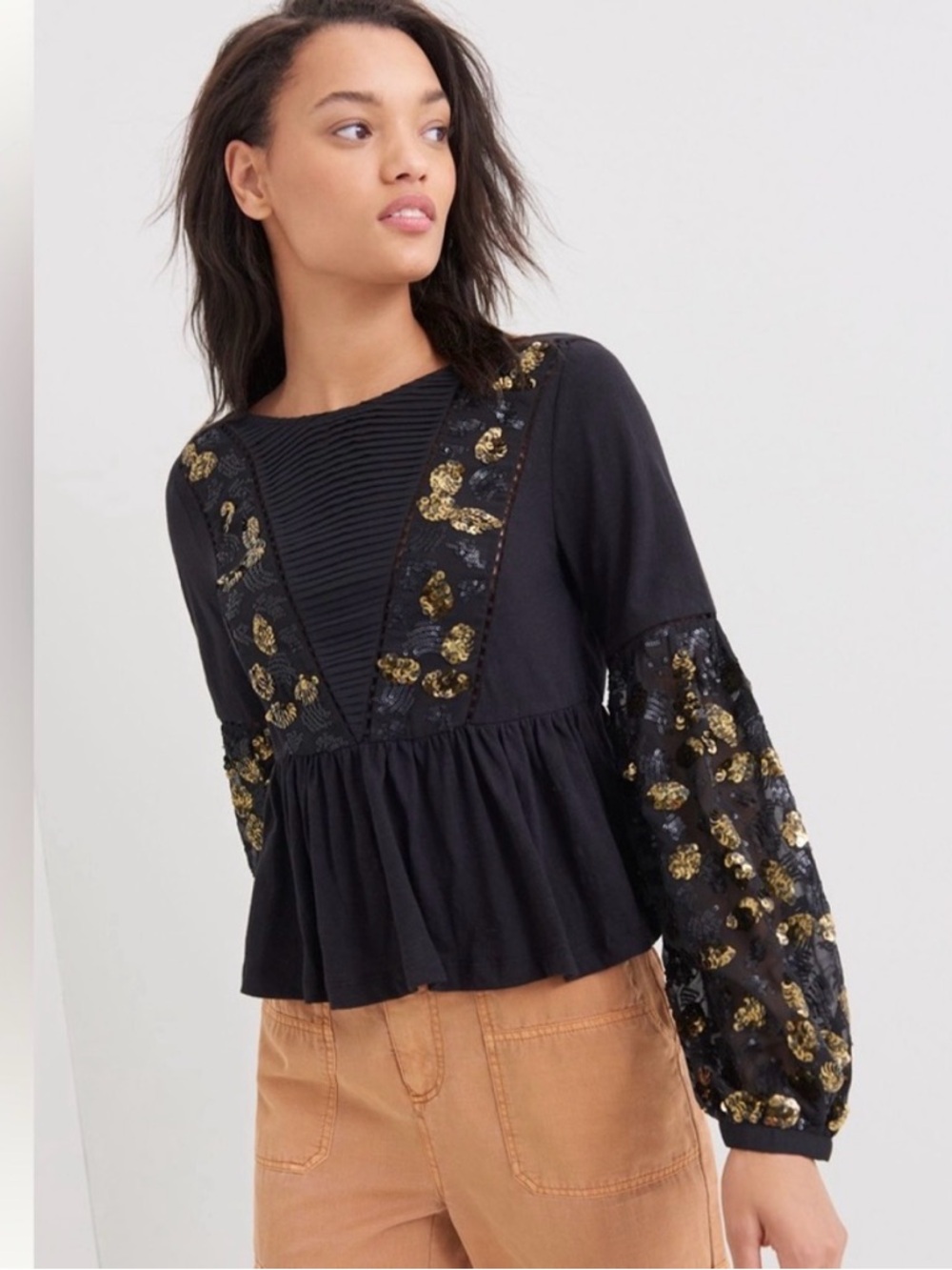 Anthropologie Neale Sequined Peplum Top blouse boho cottagecore M black